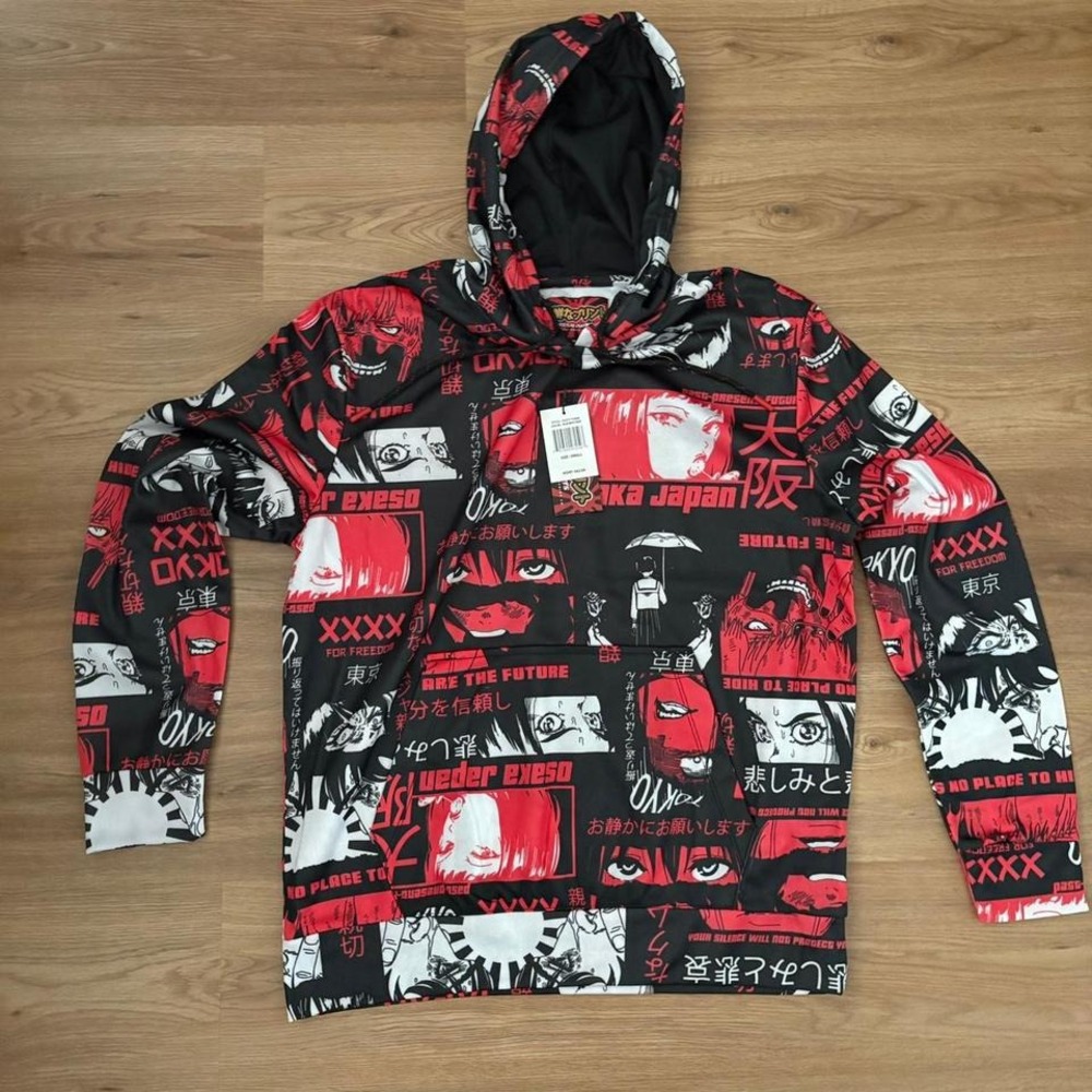 Anime Graphic Hoodie – Red/Black/White – Size: SMALL